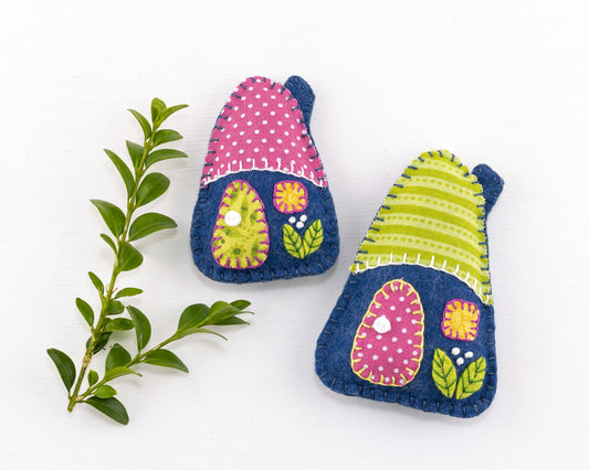 Felt House Christmas Ornament Set, Blue Pink & Green