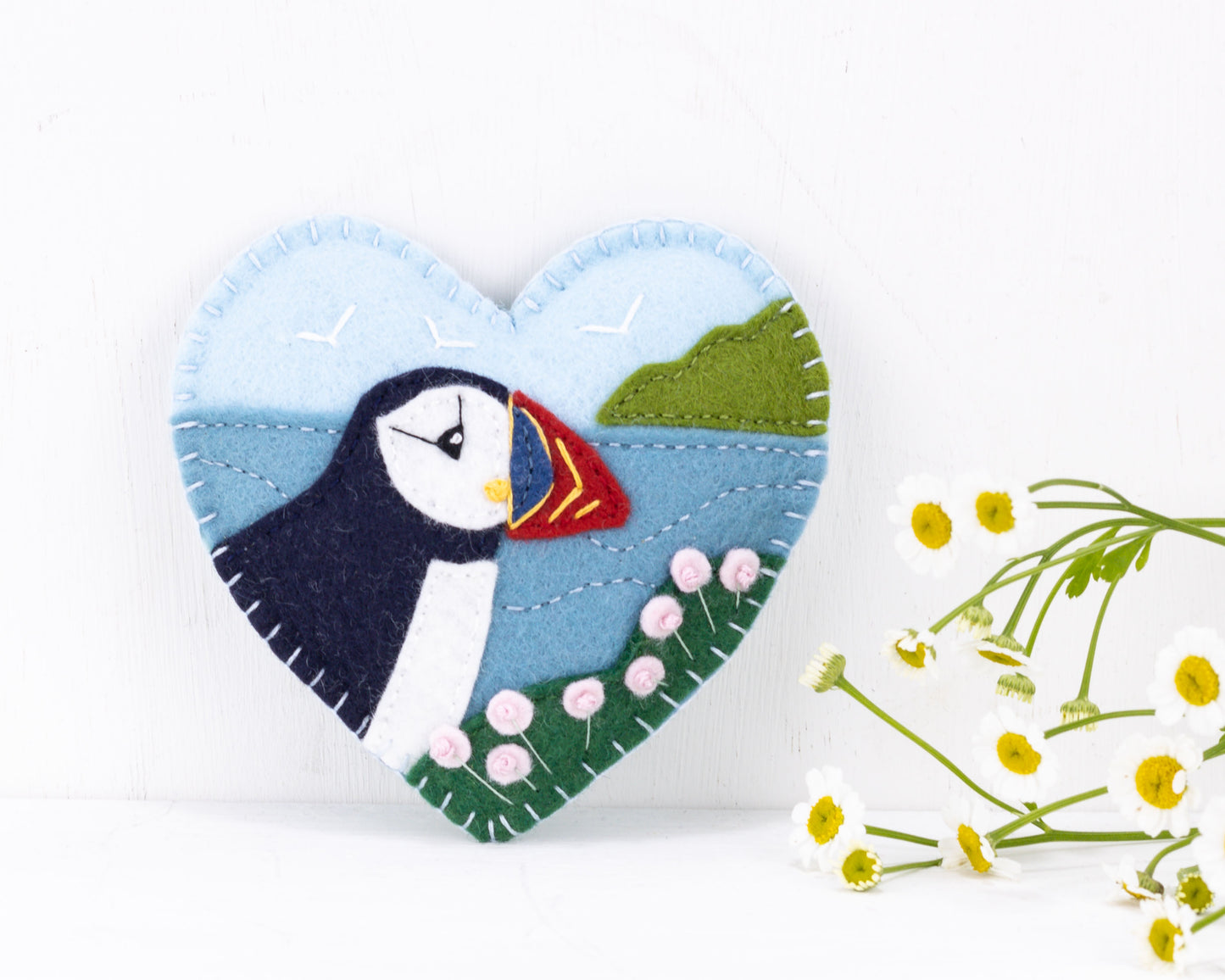 Puffin and Sea Pinks Felt Heart Ornament