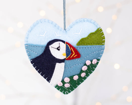 Puffin and Sea Pinks Felt Heart Ornament