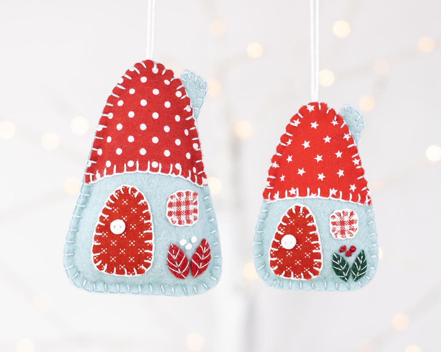Felt House Christmas Ornament Set, Red, White & Blue