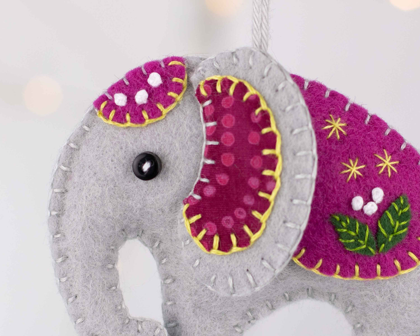 Felt Elephant Ornament in Pink and Grey