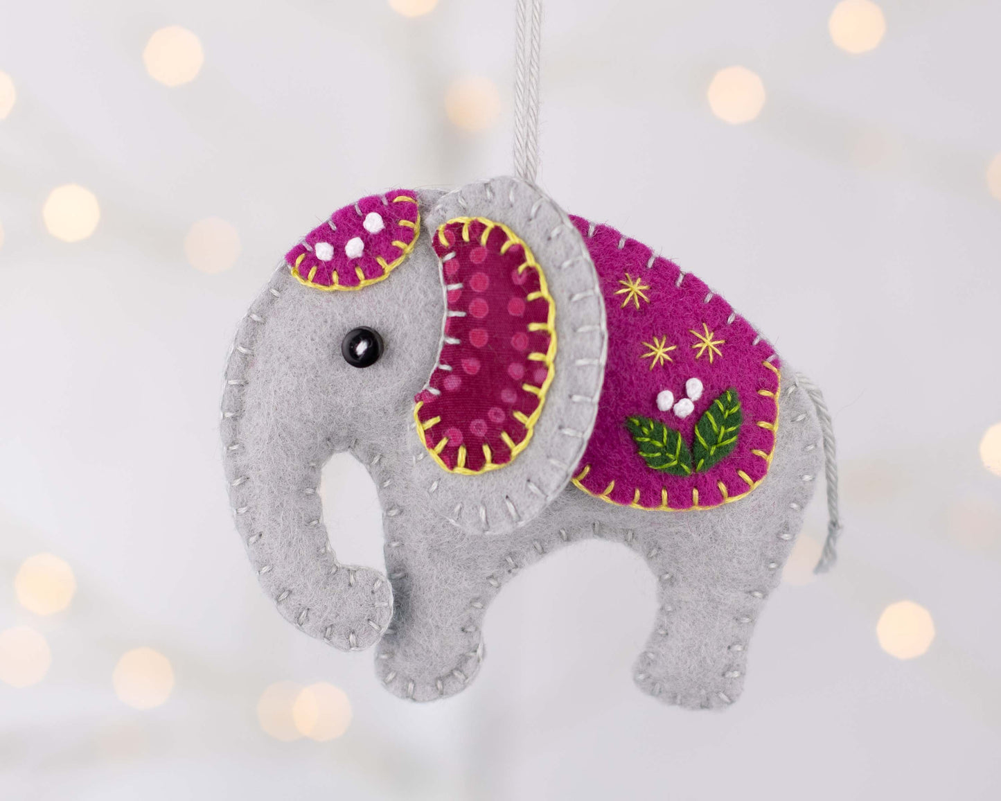 Felt Elephant Ornament in Pink and Grey