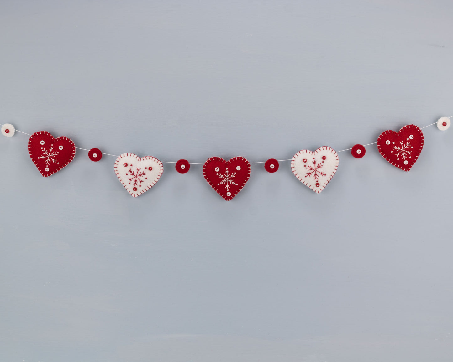 Snowflake Heart Felt Garland, Red and White