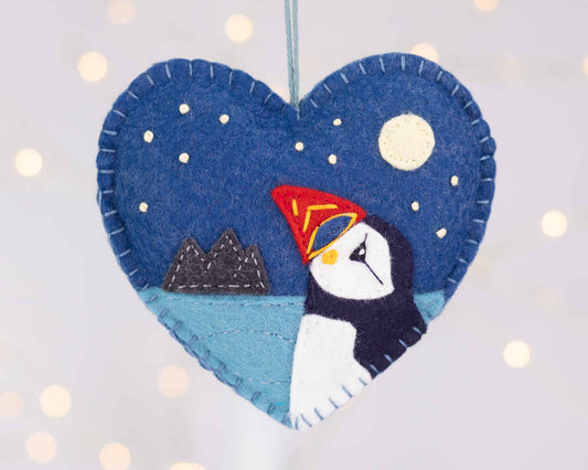 Embroidered Felt Puffin Heart Ornament