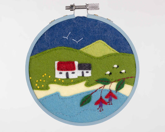 Hoop framed Irish landscape embroidery