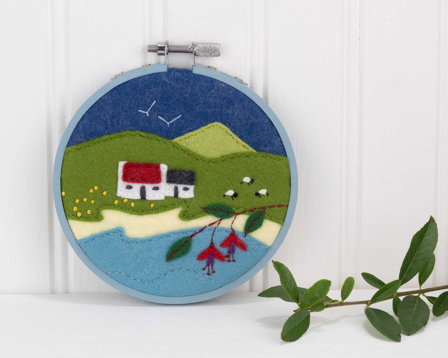 Hoop framed Irish landscape embroidery