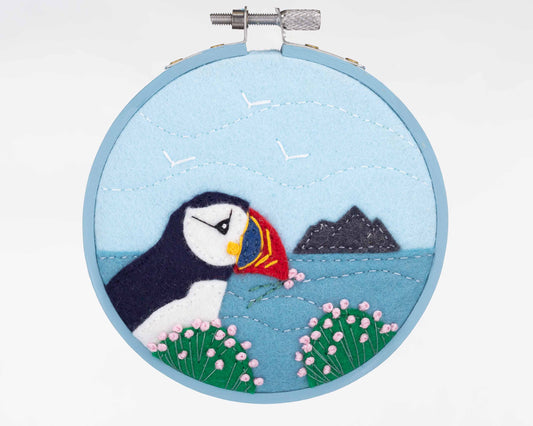 Nesting Puffin hoop framed felt embroidery