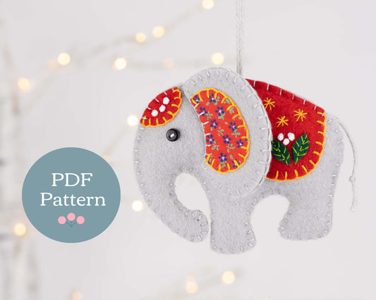 Felt elephant ornament PDF sewing pattern