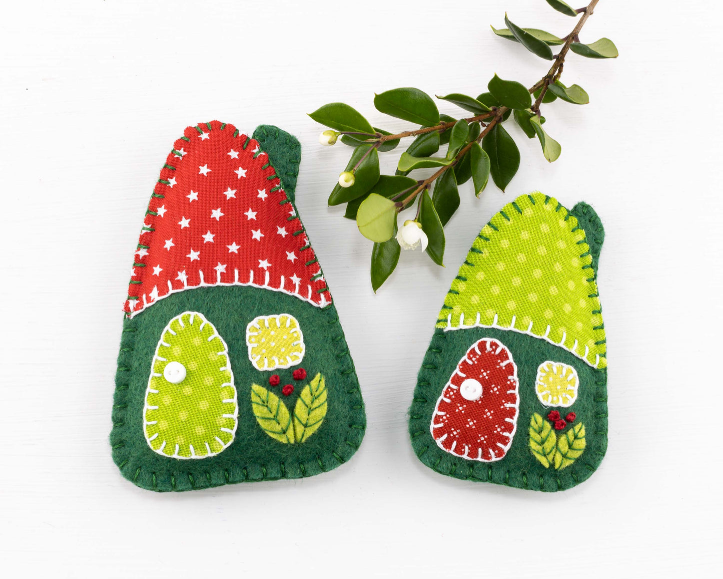 Felt House Christmas Ornament Set, Red & Green