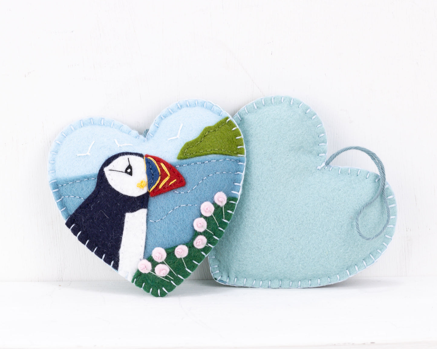 Puffin and Sea Pinks Felt Heart Ornament