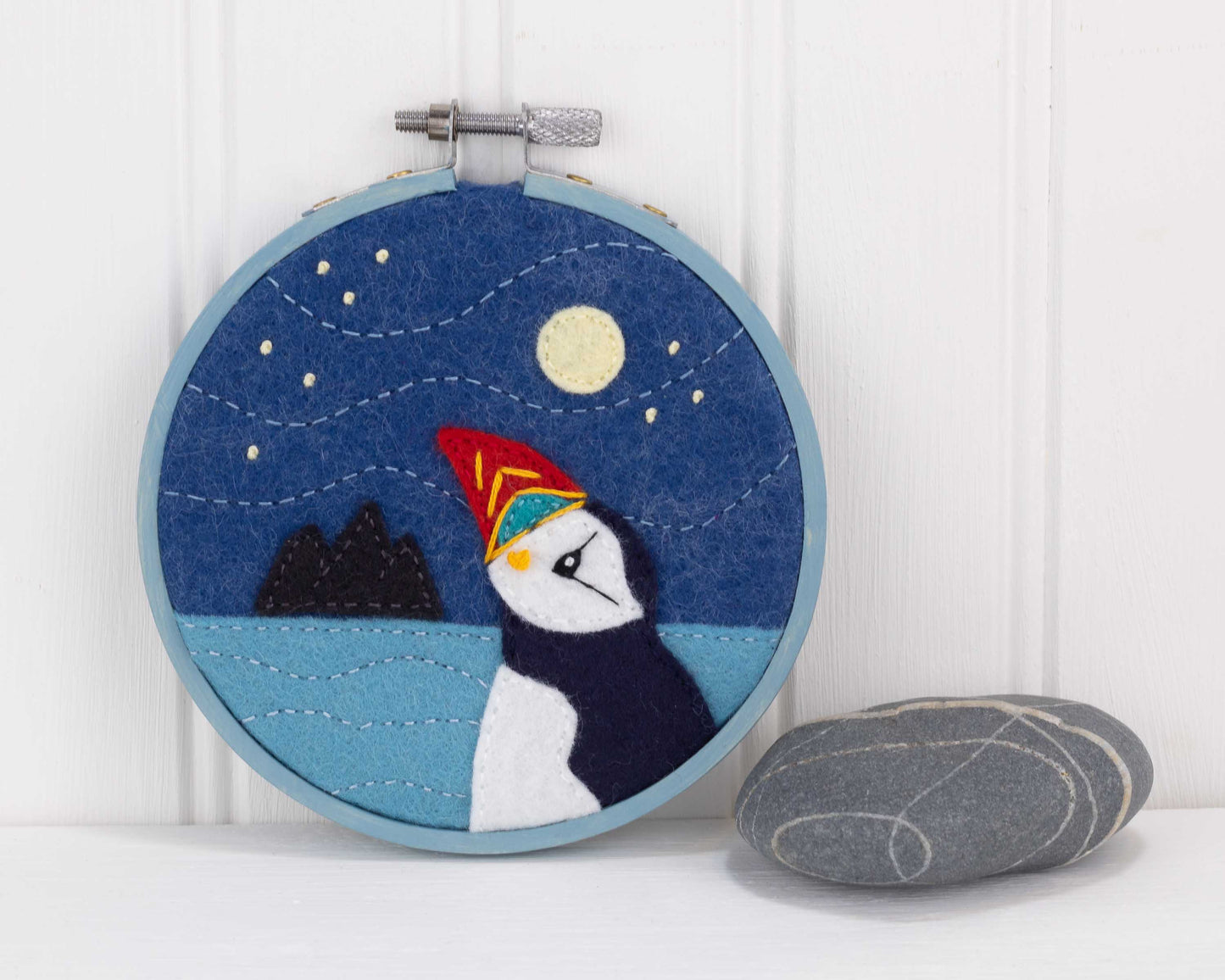 Moon gazing puffin framed embroidery