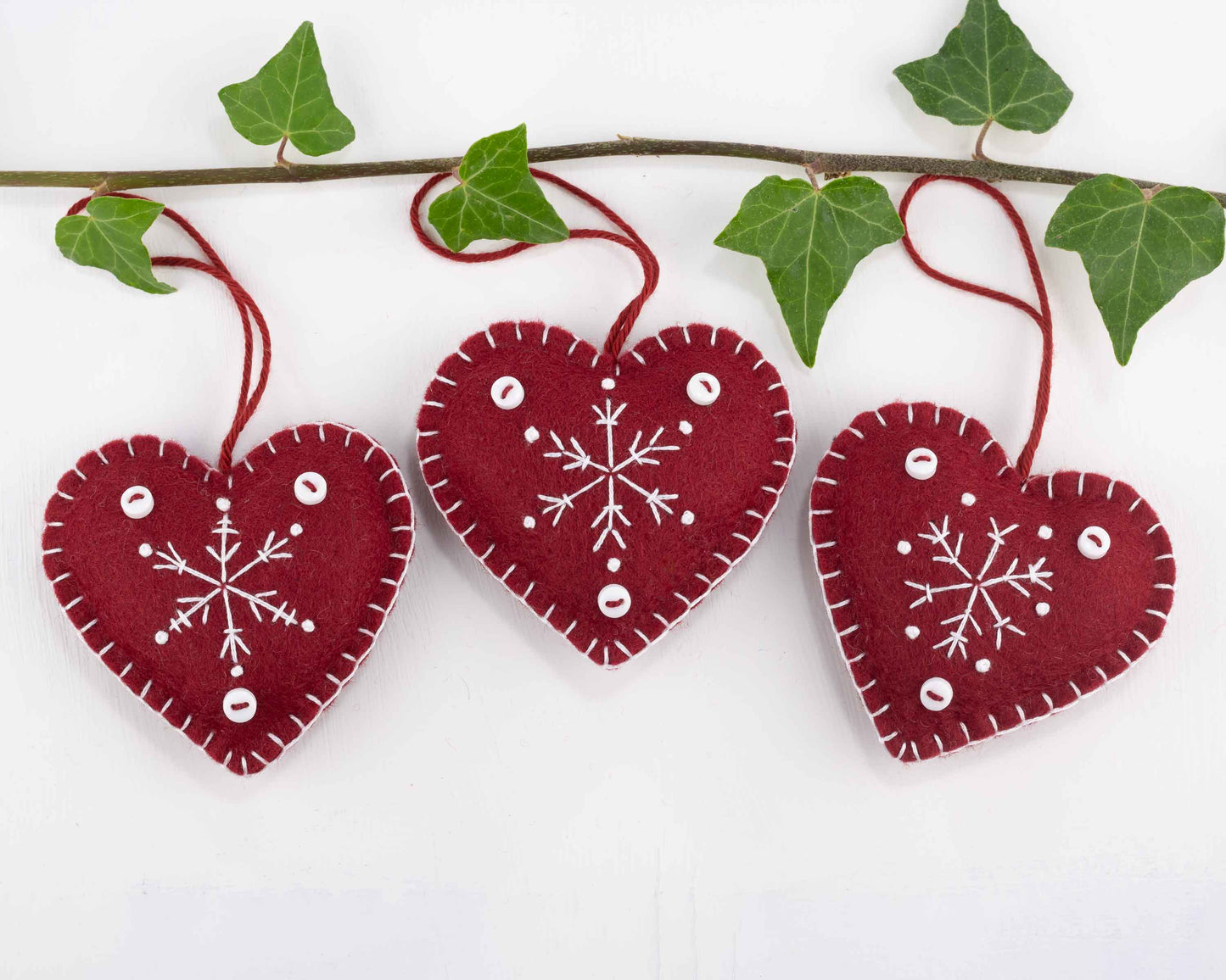 Red and White Snowflake Heart Christmas Ornaments