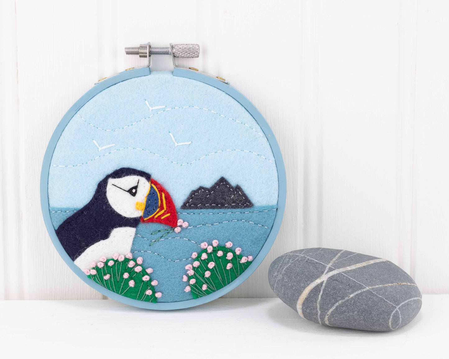 Nesting Puffin hoop framed felt embroidery