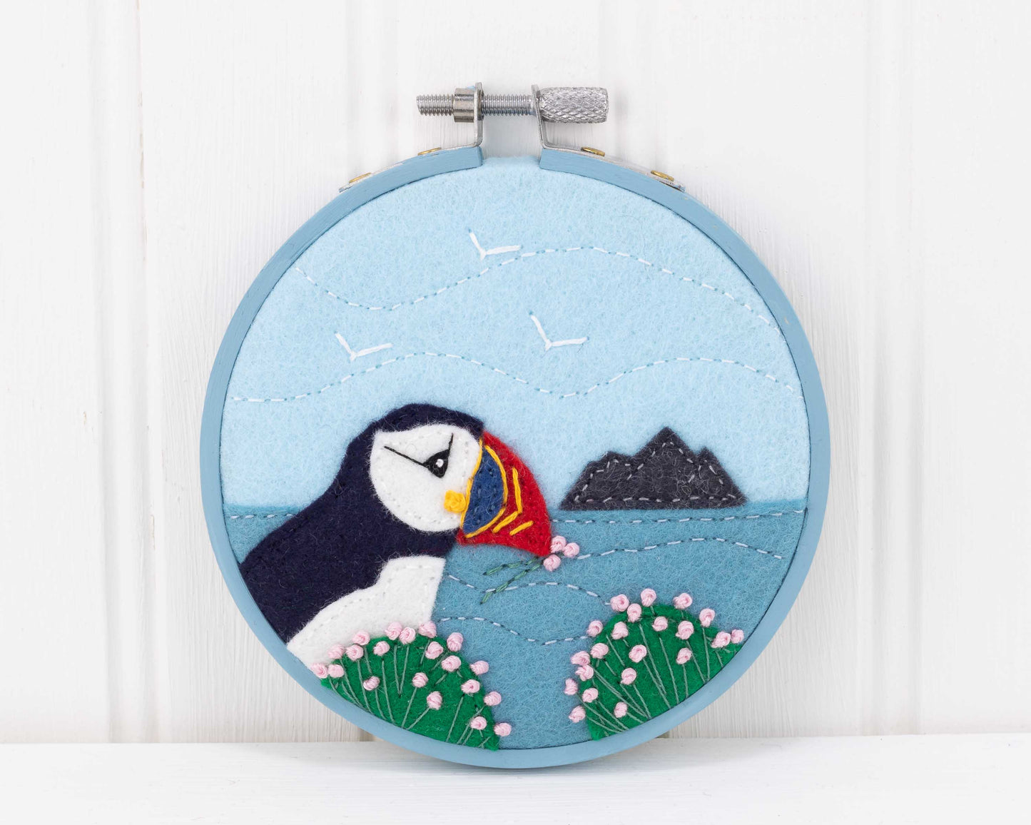 Nesting Puffin hoop framed felt embroidery