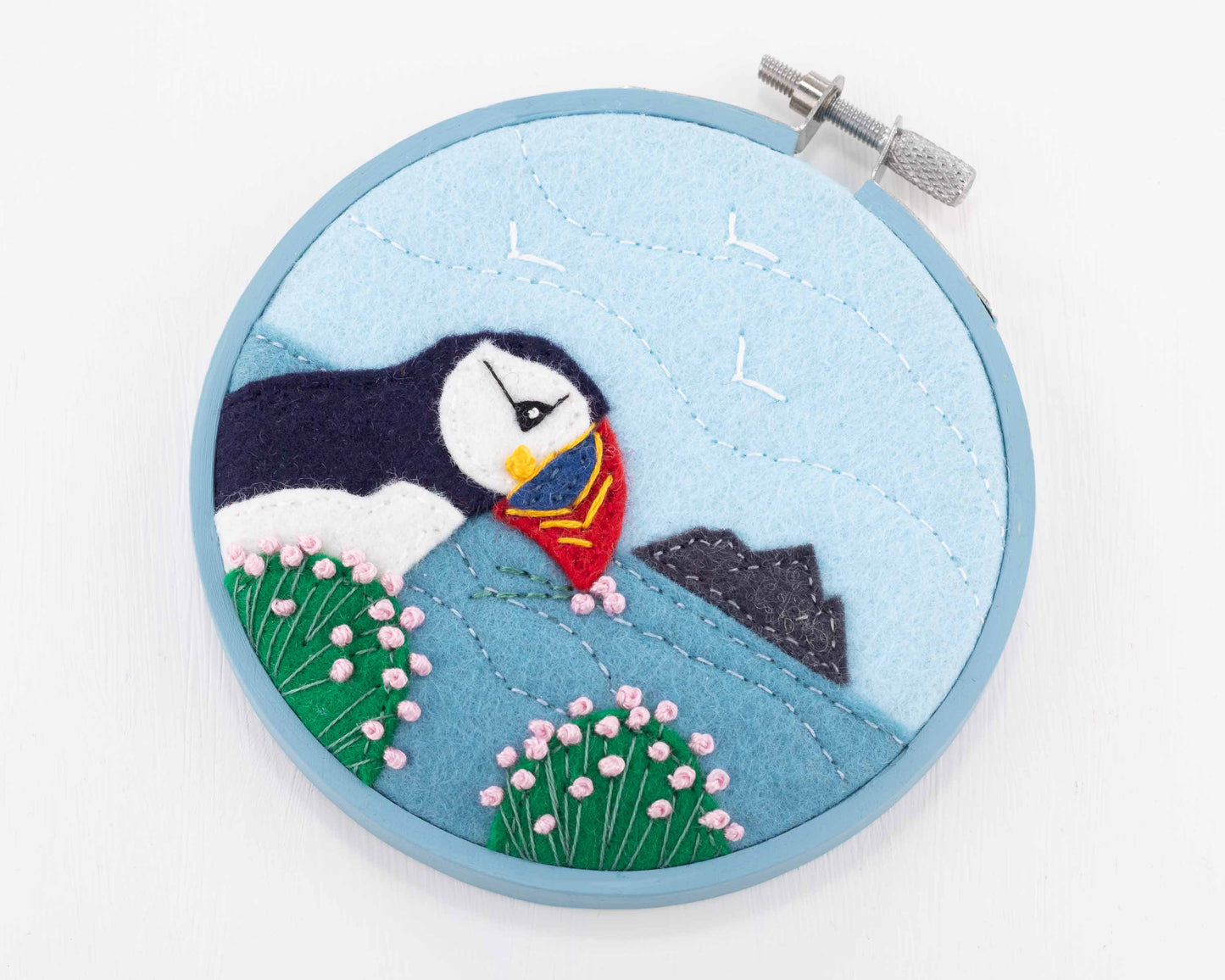 Nesting Puffin hoop framed felt embroidery