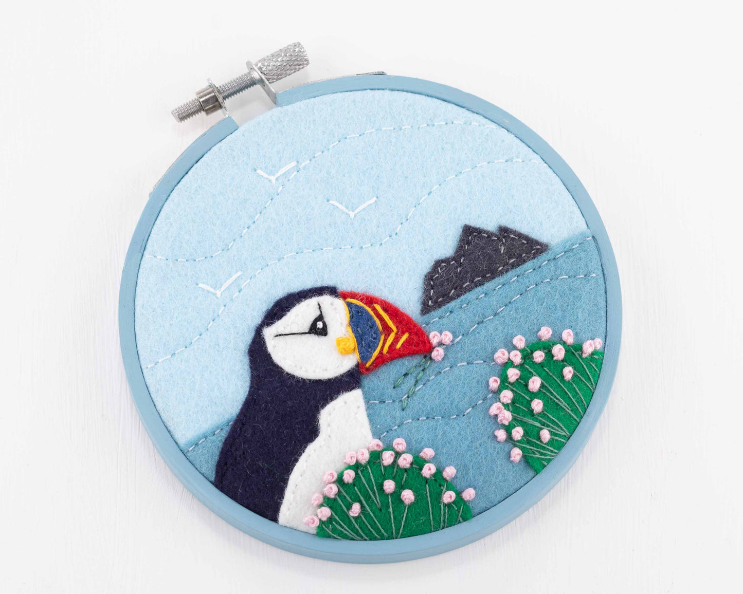 Nesting Puffin hoop framed felt embroidery