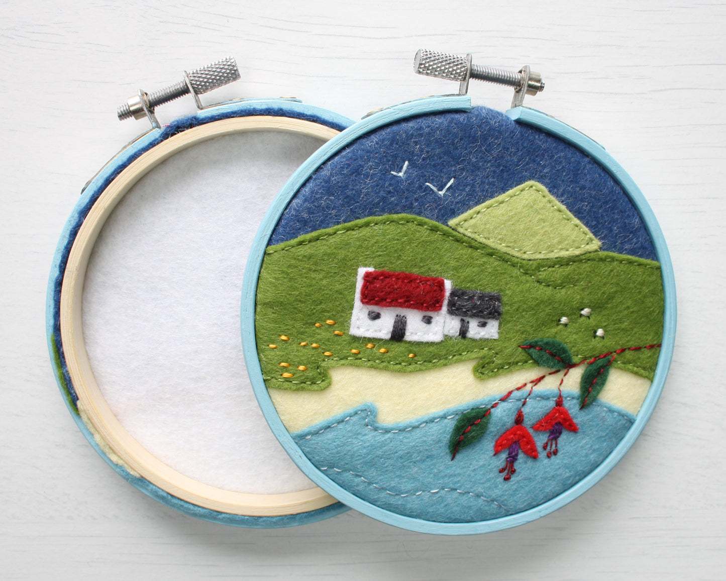 Hoop framed Irish landscape embroidery