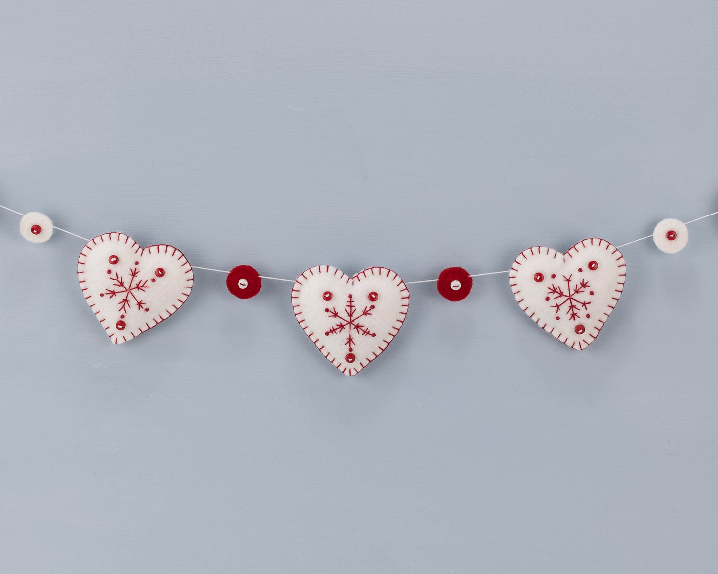 Snowflake Heart Felt Garland, Red and White